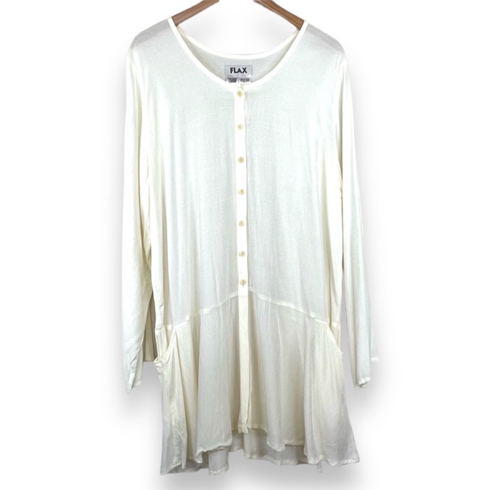 FLAX cream asymmetrical hem lagenlook button down long sleeve tunic top blouse